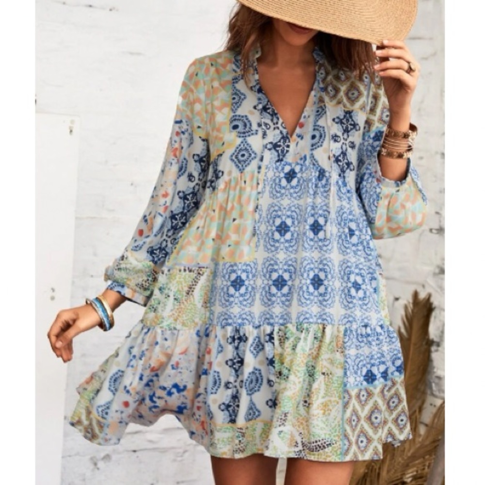Boho floral print patchwork notch neck dress